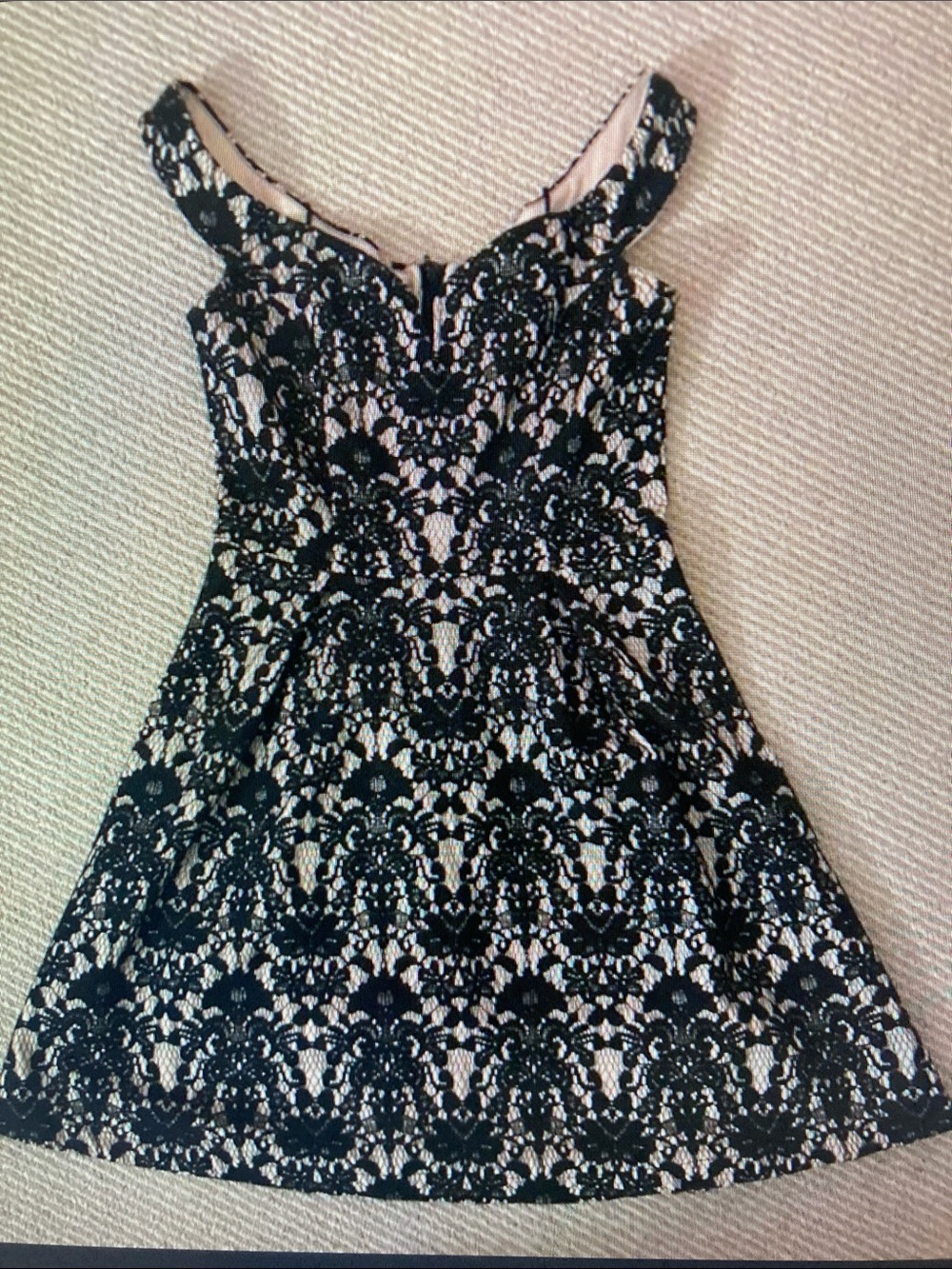 Black Lace Overlay Mini Dress with Nude Lining